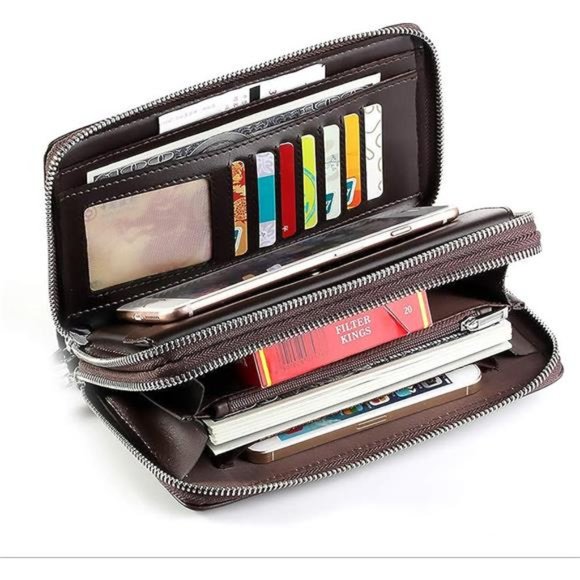 Mens Wallet Long Purse Leather Clutch Brown - Picture 4 of 6